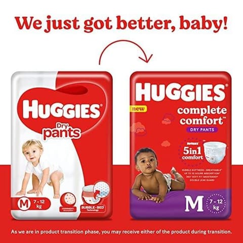 Huggies Complete Comfort Dry Pants Medium (M) Size Baby Diaper Pants, 34 count, with 5 in 1 Comfort