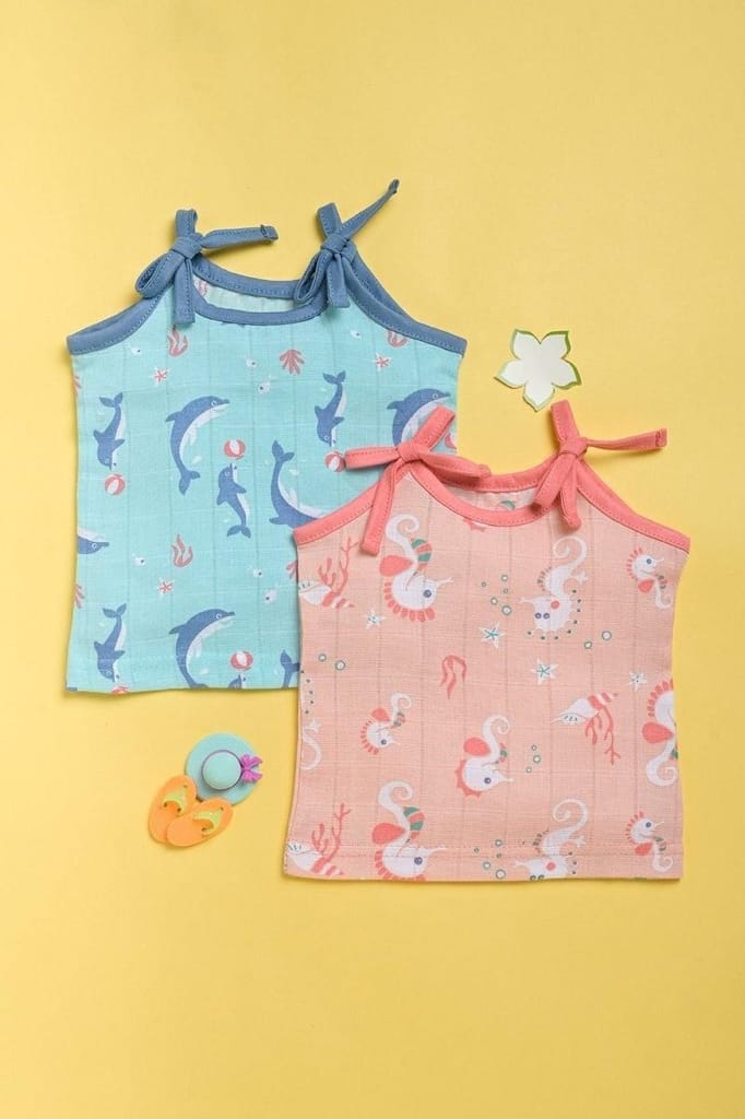 Kaarpas Ocean Dive organic muslin top with knots 2 pack: Dolphin, Seahorse