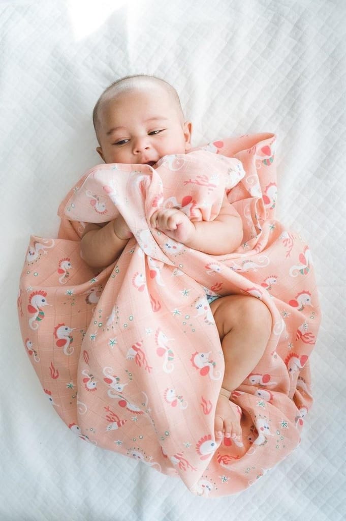 Kaarpas Ocean Dive organic muslin cotton swaddle: Spiny the Seahorse