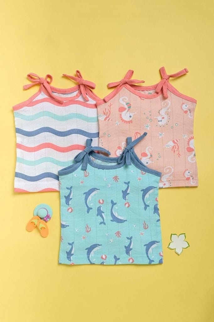 Kaarpas Ocean Dive organic muslin top with knots 3 pack : Dolphin, Seahorse and Dreamy Waves