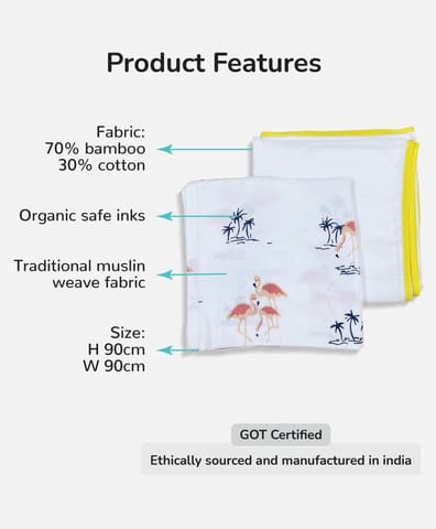 TinyLane 100% Organic Bamboo Cotton Muslin Baby Swaddle Wrappers Flamingo & Classic White Print Pack of 2- Multicolor