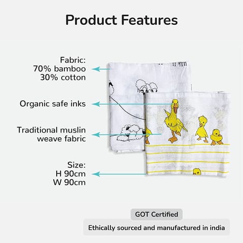 TinyLane 100% Organic Bamboo Cotton Muslin Baby Swaddle Wrappers Duck & Sheep Print Pack of 2- Multicolor