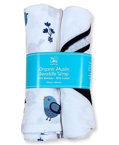 TinyLane 100% Organic Bamboo Cotton Muslin Baby Swaddle Wrappers Bird & Classic White Print Pack of 2- Multicolor