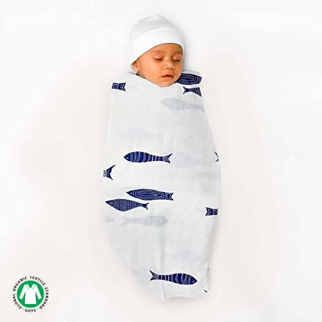 TinyLane 100% Organic Bamboo Cotton Muslin Baby Swaddle Wrappers Fish & Stems Print Pack of 2- Multicolor