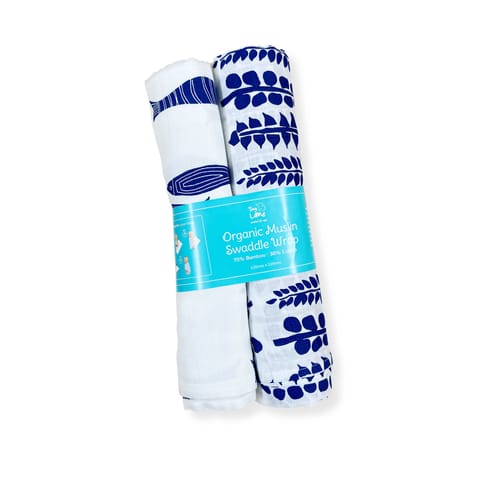TinyLane 100% Organic Bamboo Cotton Muslin Baby Swaddle Wrappers Fish & Stems Print Pack of 2- Multicolor