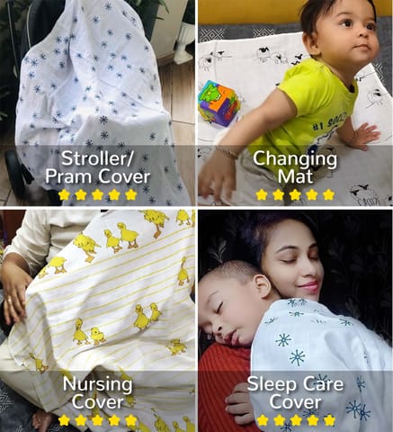 TinyLane 100% Organic Bamboo Cotton Muslin Baby Swaddle Wrappers Fish & Stems Print Pack of 2- Multicolor