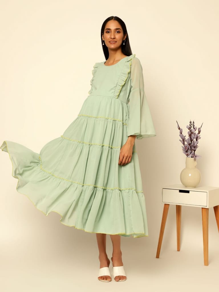ZELENA Maternity Photoshoot Bell Sleeve Light Green Gown with Pocket