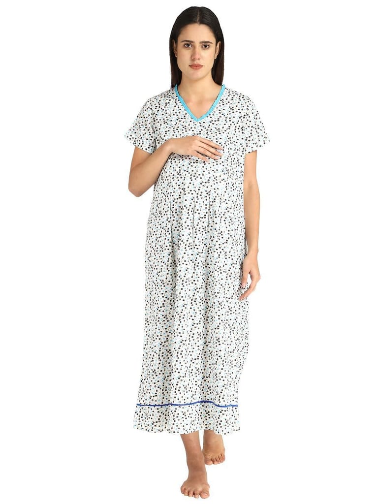 ZELENA Blue and Grey Cotton Floral Printed Maternity Maxi