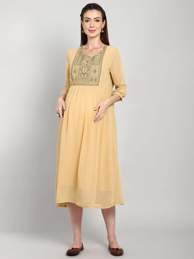 ZELENA 3/4th Sleeves Georgette Embroidery Maternity Feeding Dress