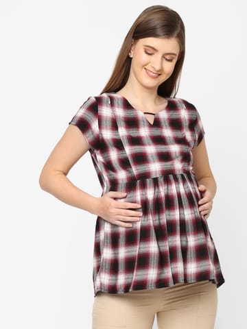 Mystere Paris Checkered Red Maternity Top