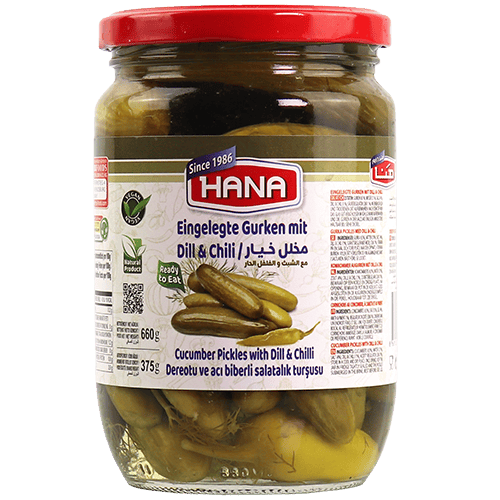 Cucumber Pickles with Dill & Chili Hana 660g | مخلل خيار بالفلفل الحار هنا 660غ
