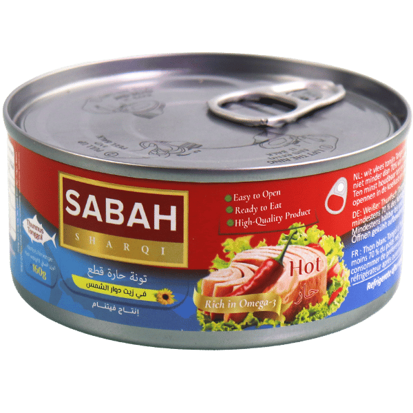 Hot Tuna Chunks in Sunflower Oil SABAH SHARQI 160g | تونا حارة قطع بزيت دوار الشمس صباح شرقي 160غ