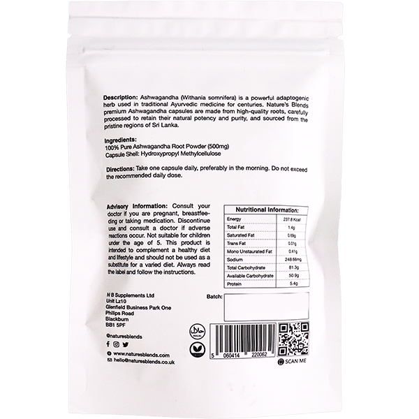 Ashwagandha Root Capsules Nature's Blends 60 Capsules | كبسولات جذور الاشواغاندا نيتشرز بليندز 60 كبسولة