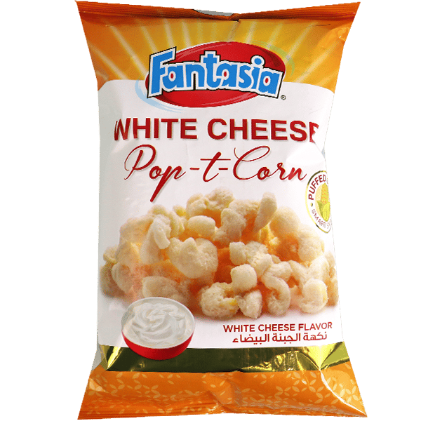 White Cheese Pop-t-Corn Puffed Corn Snacks Fantasia 80g | سناك ذرة منفوخة بوب تي كورن بنكهة الجبنة البيضا فانتازيا 80غ