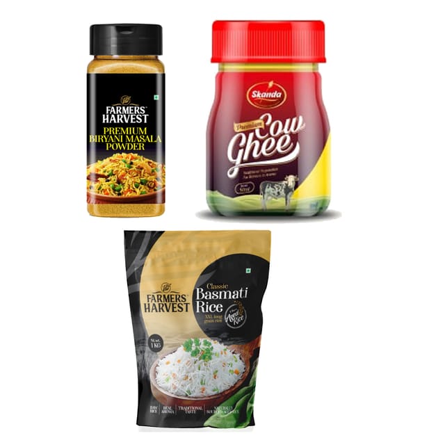 Farmers Harvest Multi Combo pack of 3 - Biriyani Powder - 100g, Classic Basmati Rice - 1 KG and Pure Cow Ghee 100ml pouch)