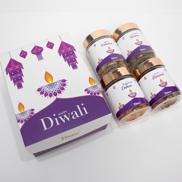 DIBHA-RUCHOKS Diwali Premium Dry Fruit Hamper Set Of 4 (Peri Peri Almond + Tangy Tomato Cashew + Chatapata Raisins + Salted Pistachio) 400g D03