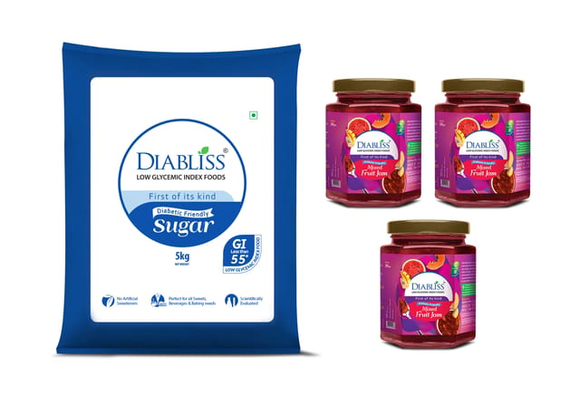 Diablss Diabetic Friendly Sugar 5kg Bag - Mixed Fruit Jam 250g Bottle pack of 3