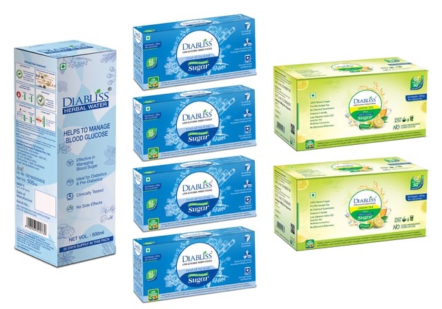 Diabliss Herbal Water for Blood Glucose Management pack of 4 - Sugar 40 x 5g Sachet Box pack of 4 - Lemon Tea 30 x 10g Sachet Box pack of 2 - Low Glycemic Index (GI) Diabetic Friendly