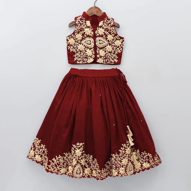 202158: Gold, Red and Maroon color family stitched Kids Lehenga .