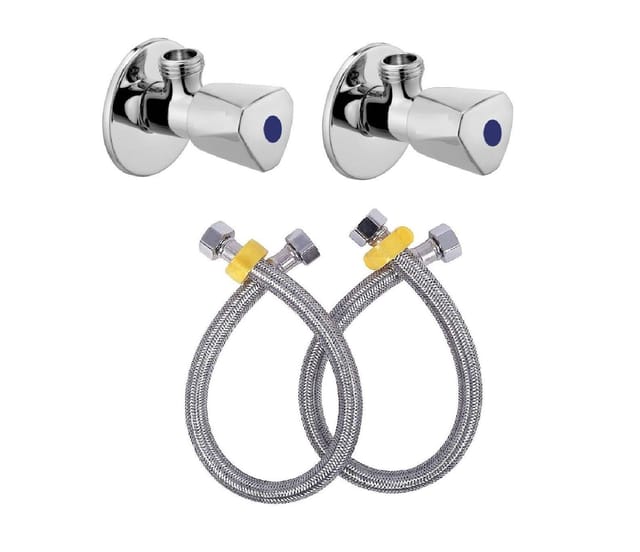 ANMEX ACUARA Angle Valve with 18 Inches Connection Pipe for bathroom geyser  connection and washbasin connection Combo (2pc) (Silver Chrome Finish)