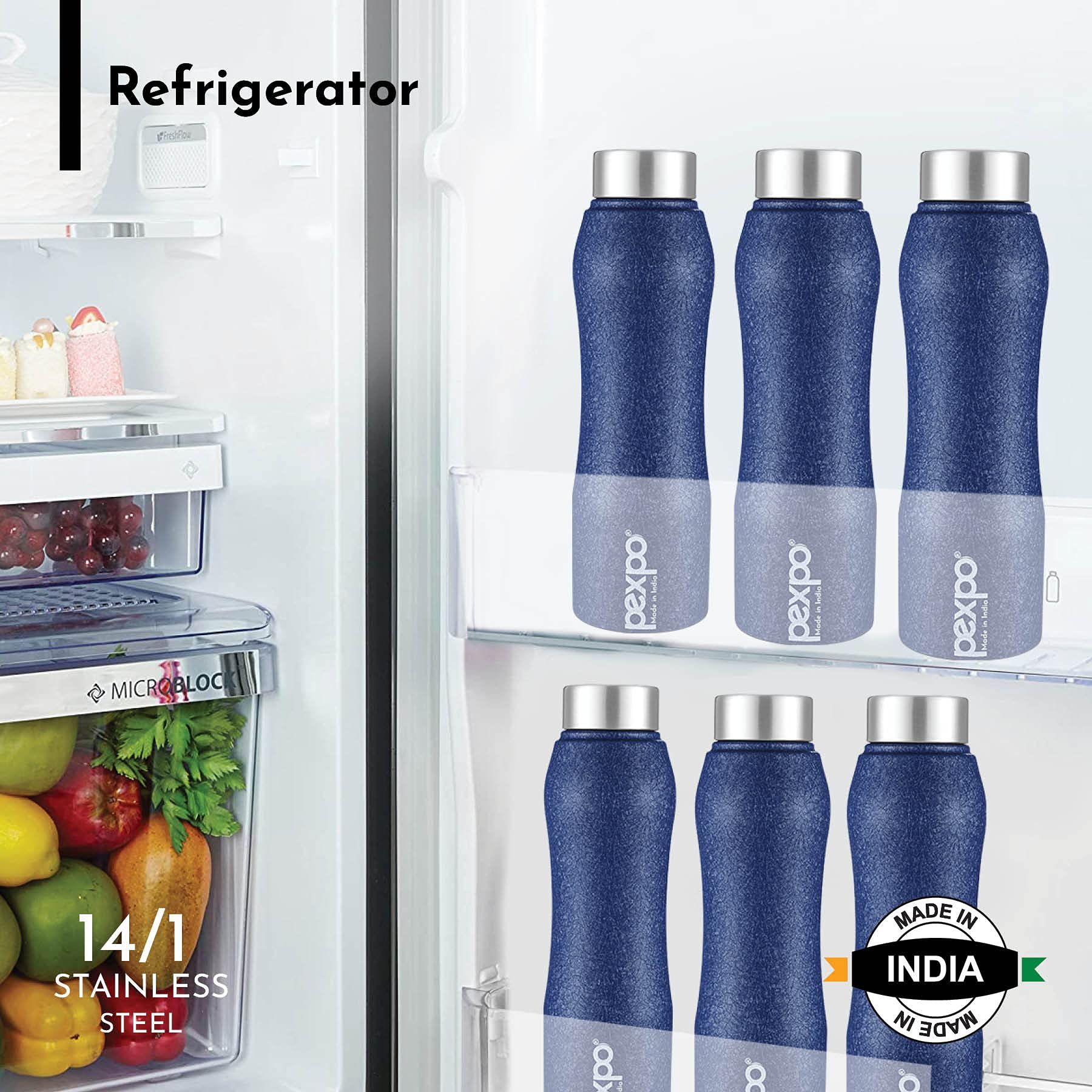 Luxurious Home + and + Decor PEXPO Stainless Steel Fridge Water Bottle, 1000 ml, Pack Of 3 Blue,