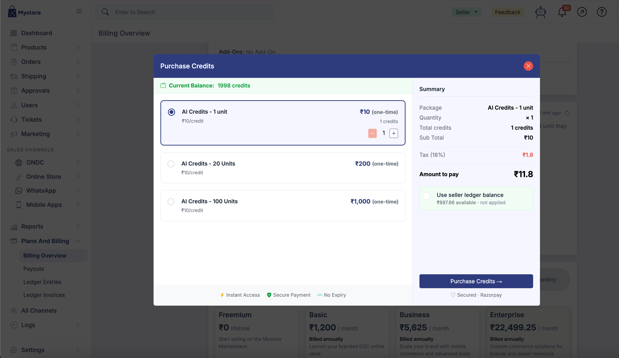 The AI-credit purchase dialog with available packages