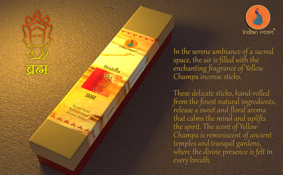 Indian Room’s Hand-Rolled Incense Sticks “Brahma” | Yellow Champa & Natural Herbs | Charcoal-Free | for Pooja, Havan, Yoga, Spa & Aromatherapy