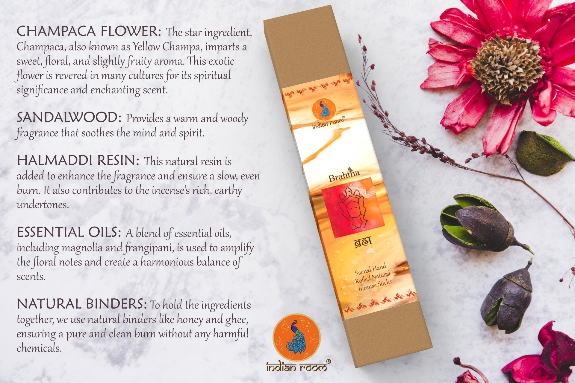 Indian Room’s Hand-rolled Incense sticks “BRAHMA” | Yellow Champa & Natural Herbs