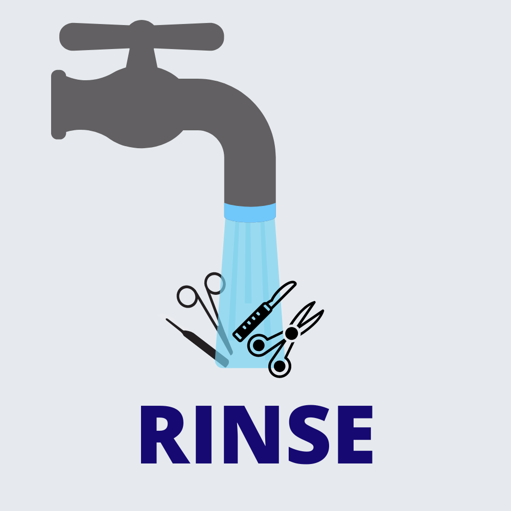 Step 4 : Rinse with water Cleaned instruments and surfaces should be rinsed thoroughly to remove enzyme residue for instrument surface.  ULTRASONIC CLEANING:  Rinse with 100% Alcohol and than dry.