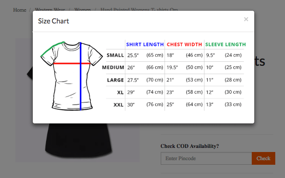 Size Chart on Storefront Screenshot