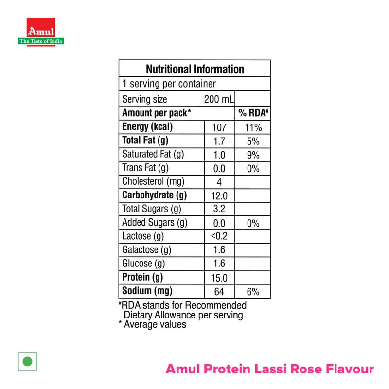 Amul High Protein Rose Lassi, 200mL | Pack of 30