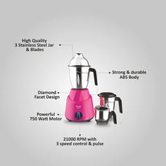 Preethi Galaxy MG225 Mixer Grinder, 750 watt, 3 Jars, Pink (11000372)