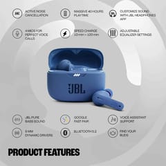 JBL Tune 230NC TWS, Active Noise Cancellation Earbuds with Mic, Massive 40 Hrs Playtime with Speed Charge, Bluetooth 5.2 (Blue)