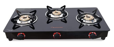 Butterfly Smart Glass 3 Burner Gas Stove, Black, Manual Ignition