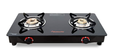 Butterfly Rapid 2B Auto Ignition LPG Glass Top Stove (2 Burners, Black)