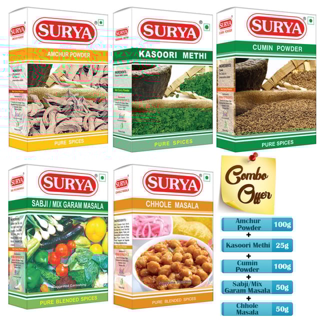 Amchur Powder 100g +     
Kasoori methi 25g +           
Sabji masala / MGM 50g + 
Jeera powder 100g +       
Chole masala 50g