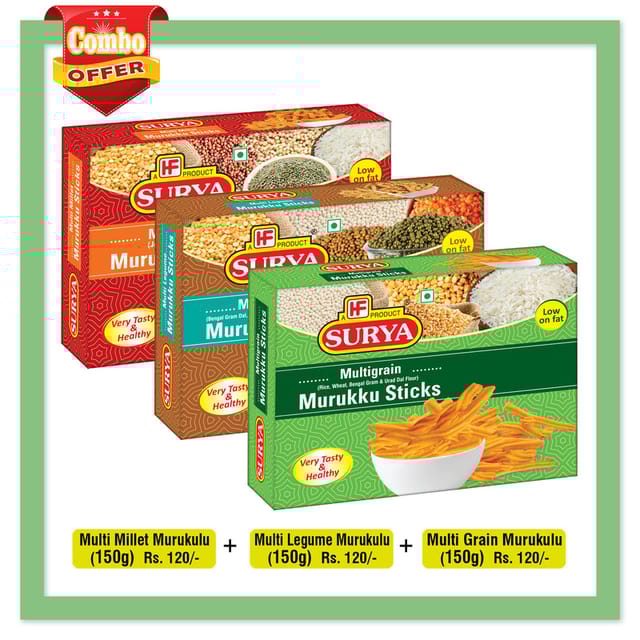 Multi Millet Murukku Sticks 200g + 
Multi Legume Murukku Sticks 200g + 
Multi Grain Murukku Sticks 200g