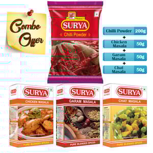 Mirchi powder 200g +   
Garam Masala 50g +    
Chicken Masala 50g +        
Chat Masala 50g +              
Chat masala 50g