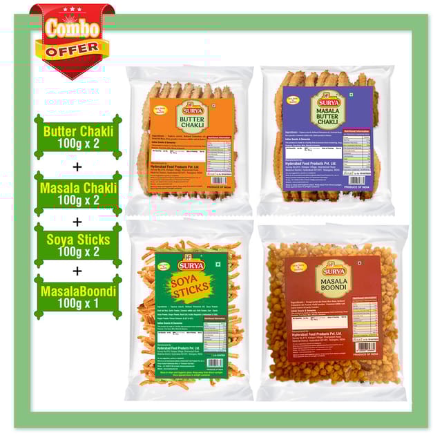 2 Soya Sticks 100g + 
2 Masala Chakli 100g + 
2 Butter Chakli 100g + 
1 Boondi 100g