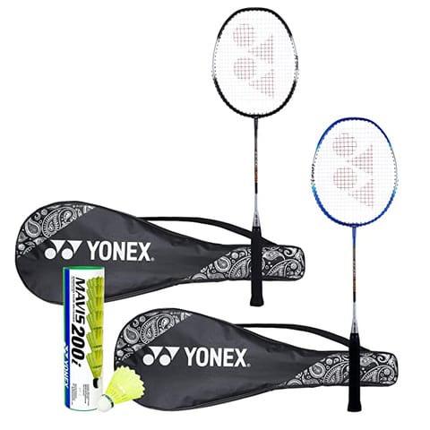 YONEX ZR 100 Set of 2 Aluminum Light Badminton Racquet with Full Cover Black-Blue, Mavis 200I Shuttlecock - Combo Pack of 6