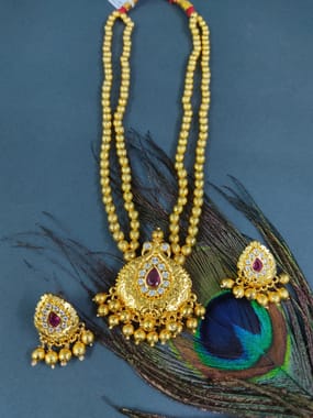 Maharashtrian Golden Beaded Mala Peacock Pendant