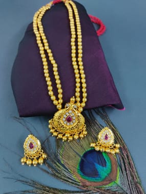 Maharashtrian Golden Beaded Mala Peacock Pendant