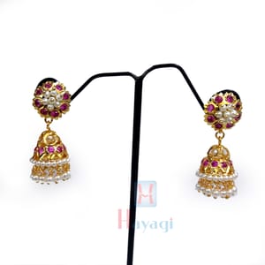 Pearl Jhumki Pink Stone Studded