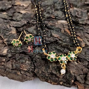 Green Stone Short Mangalsutra With Fancy Pendant
