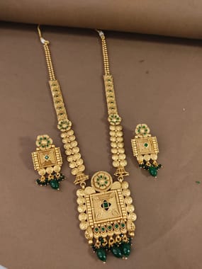 Rajwadi Long Necklace Square Pendant Green Color