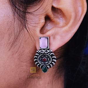 Oxidised Silver Earrings Pink Stone Studded