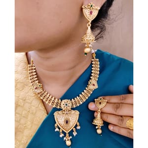 Rajwadi Short Necklace- V Shape Pendant Designer Necklace Set