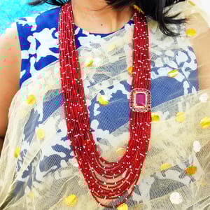 Red Beads Broad Mala Multilayered With Side Pendant