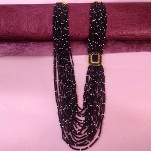 Black Beads Broad Mala Multilayered With Side Pendant