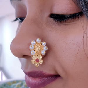 Golden Nath- Pearls Studded Designer Nath